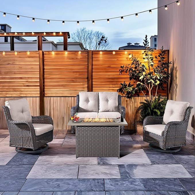 HUMMUH 4-Piece Patio Furniture Set with Fire Pit Table Wicker Outdoor Swivel Rocker Patio Chairs High Back Loveseat Conversation Set for Porch, Backyard, Deck