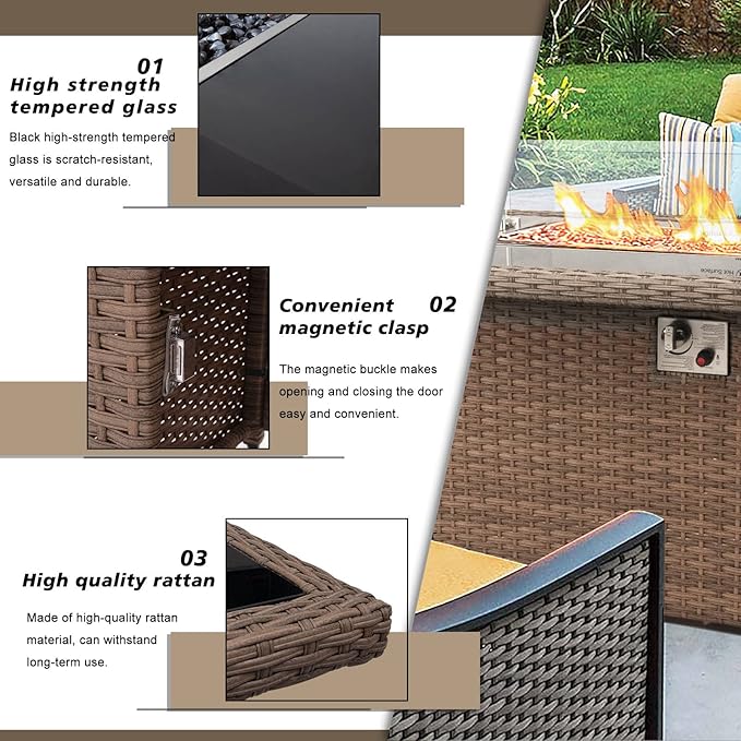 DIMAR GARDEN Outdoor Wicker Fire Pit Table, Propane Gas Fire Table with Glass Wind Guard, Modern Life Luxury Choice, 50,000 BTU 43in