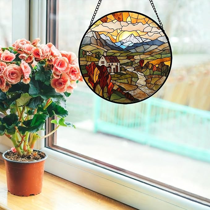 QZQCBLC Stained Glass Window Hanging Farm Pastoral Scenery 7.8" - Sunrise Suncatcher Door Garden Sun Catcher Home Decor Birthday Christmas for Mom Men Woman Nana Friend Wife