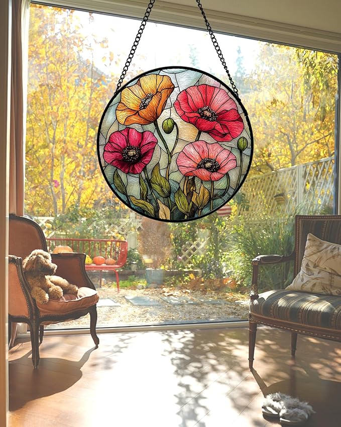 AMDERVEN Stained Glass Suncatcher, Red Orange Poppy Flowers Sun Catcher Silver Background Wildflowers Window Hanging Decor Christmas Mother Birthday Gifts for Women Men Mom Nana 6.3 in