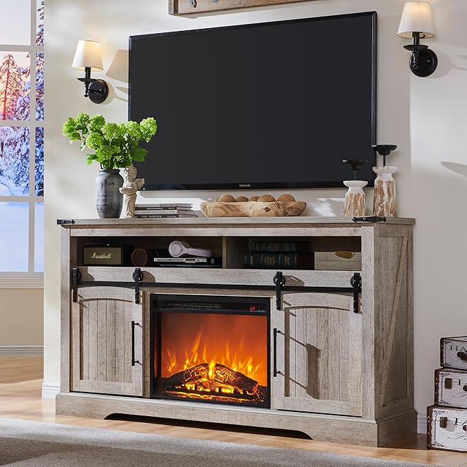 OKD Farmhouse Fireplace TV Stand for 70 Inch TV, 34" Tall Highboy Entertainment Center w/Electric Fireplace, Rustic Media Console w/Sliding Arched Door for Living Room,Light Rustic Oak