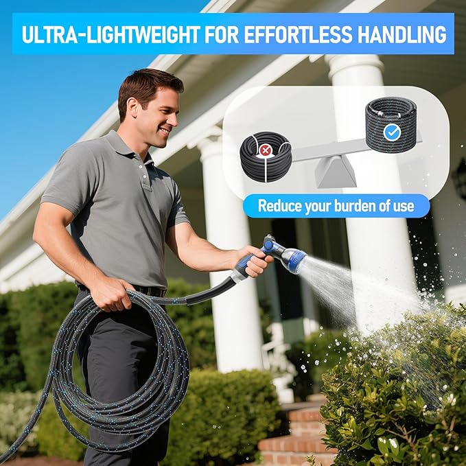 SPECILITE Garden Hose 25ft, 3-Layer Flexible Water Hose with 8 Pattern Spray Nozzle, Non-Expanding & Lightweight Stainless Steel Hose for Yard, Lawn, Outdoor-Leak Proof, No-kink & Tangle-free