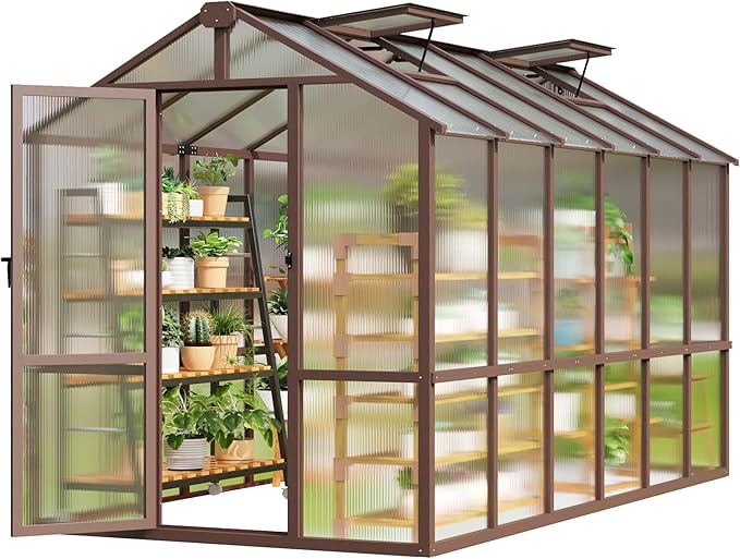 6x12 FT Wooden Greenhouse, Polycarbonate Greenhouse with Adjustable Roof Vents and 6MM Thick Polycarbonate Panel, Walk-in greenhouses for Outdoors for Garden Backyard, Patio, Lawn, Brown