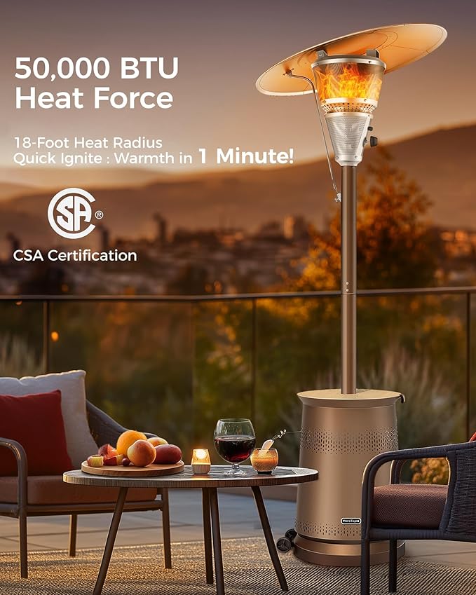 50,000 BTU Patio Heater for Outdoor Use With Adjustable Heat Focusing Top, Portable Propane Patio Heater with Wheels, Stainless Steel Burner for Porch, Deck, Garden, Commercial (Brown)