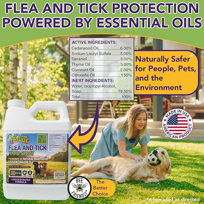 Trifecta Outdoor Flea & Tick Yard Spray Concentrate | All Natural Flea and Tick Spray for Yards with Essential Oils | Pet and Family Safe | Concentrated Formula For Hose-End Sprayers and Pumps (32 oz)