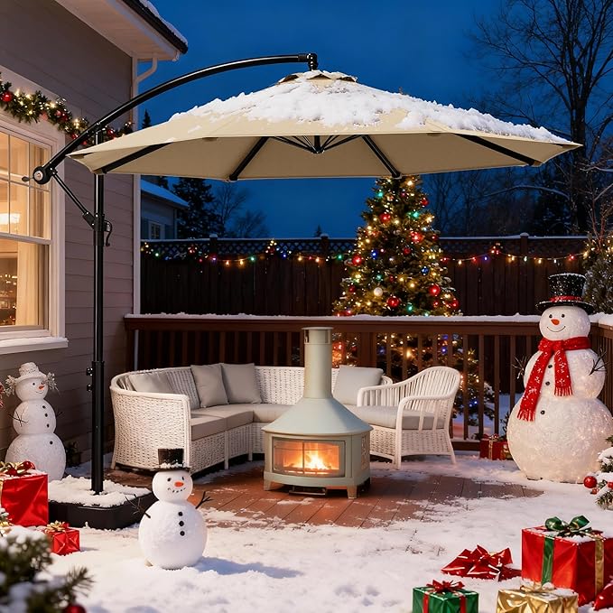 OLILAWN 10ft Patio Umbrella with Base Included, Christmas Outdoor Offset Cantilever Umbrella Upgraded Yarn-dyed Fabric Shade, Sturdy 8 Rids, Easy Tilt Adjustment, for Pool Deck Porch Backyard Garden,Beige
