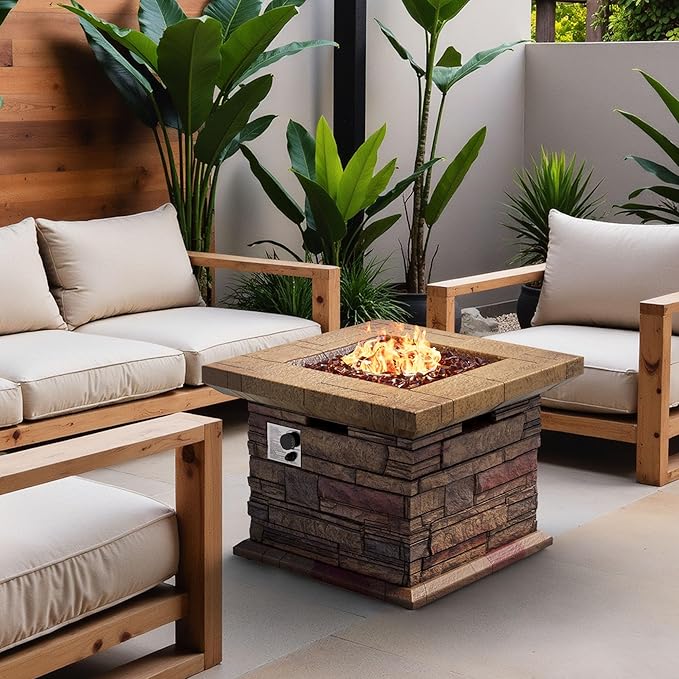 32" Outdoor Propane Fire Pit, Square Stonecrest Gas Firepit for Outside Patio, Concrete Propane Fire Table 50,000 BTU Gas Fire Pits with Waterproof Cover, Red Fire Glass