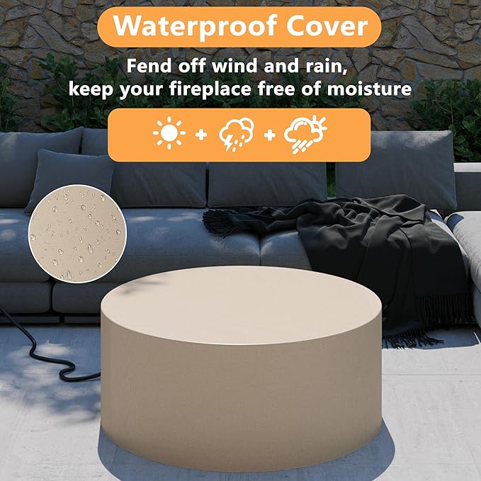 32 inch Round Propane Fire Table, 50,000 BTU Gas FirePit, Patio Fire Pit Table with Steel Lid, Rain Cover, 10ft Propane Hose, Lava Rocks, Grey