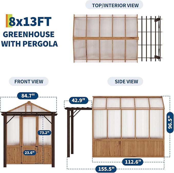 8X13ft Greenhouse Kit with Pergola, Wooden Walk-in Green House with Cedar Frame, Greenhouse Kit with 6mm Thick Polycarbonate Panel