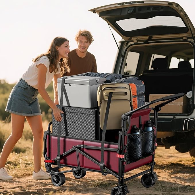 LEVELEVE Heavy Duty Folding Wagon - 2-in-1 Collapsible Cart, 400lb Capacity, All-Terrain Wheels w/Brakes & Side Pockets (Red)
