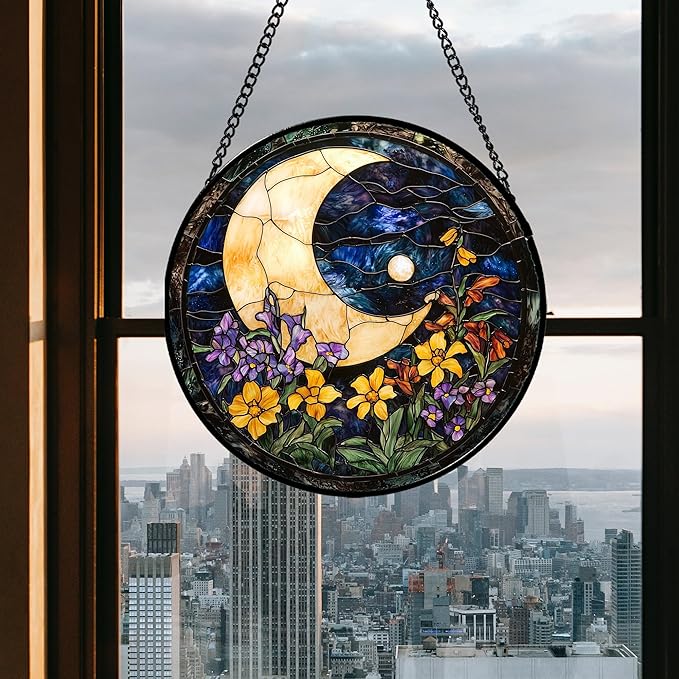 JOSUMALY Stained Glass Window Hanging - Blue Night Sky Moon Suncatcher for Door Terrace Garden Home Decor Wildflowers Sun Catcher Birthday Gifts for Lovers Women Men Dad Mom Nana 9.8 in