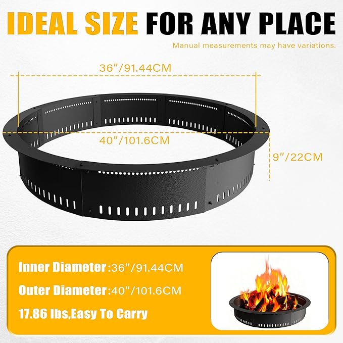 Smokeless Fire Pit Ring Insert - 36 Inch Outdoor Fire Pit Liner with Airflow Design for Efficient Burning, Durable Steel Construction, for Outdoor Camping