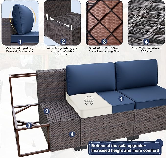 Kurapika 13 Pieces Patio Furniture Set, Rattan Wicker Outdoor Conversation Sets w/43in Propane Fire Pit Table and 4 Inch Cushion(Navy Blue)