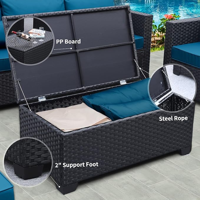 Rattaner Patio Furniture Set 6 Pieces Couch Outdoor Chairs Coffee Table Peacock Blue Anti-Slip Cushions and Waterproof Covers