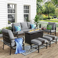 MFSTUDIO 6 Pieces Patio Furniture Sets with 45" Gas Fire Pit Table(Up to 7 Seat), Outdoor Metal Frame Patio Conversation Sofas with 1 x 3-Seat Sofa, 2 Sofa Chairs and 2 Ottoman, Grey Cushion