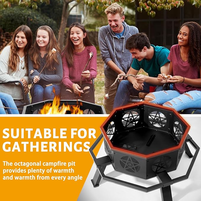 35 Inch Outdoor Fire Pit, Heavy Duty Wood Burning Firepits for Outside, Octagonal Metal Bonfire Fire Pits with Fire Poker for Camping, Backyard, Patio, Garden, Beach, Poolside, Picnic
