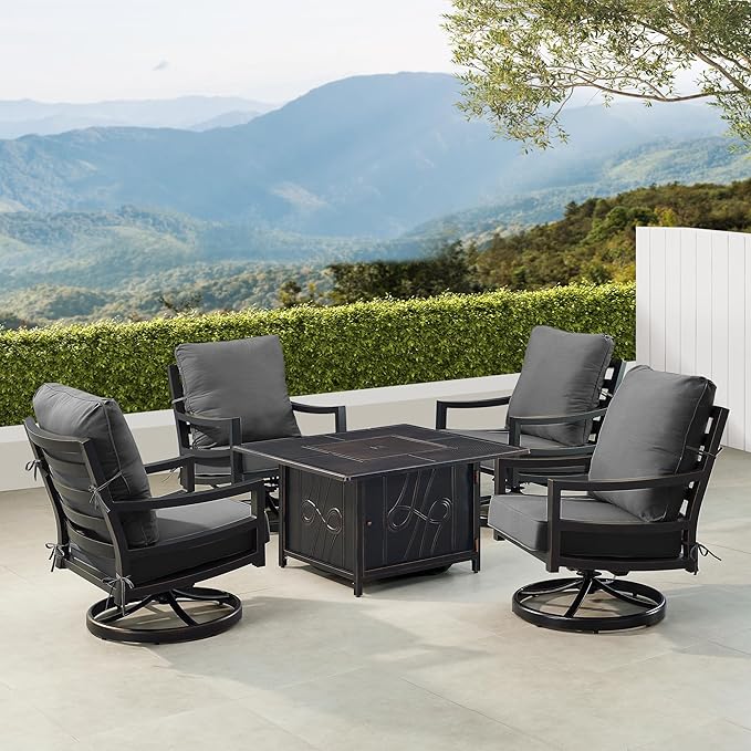 Oakland Living Black Aluminum Patio Fire Table Set with Four Club Chairs with Black Cushions