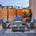 HUMMUH Patio Furniture Set with Fire Pit Table 6-Piece Wicker Outdoor Swivel Rocker Patio Chairs Loveseat Conversation Set for Porch, Backyard, Deck