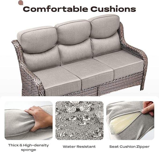 Rilyson Wicker Outdoor Patio Furniture Set - 6 Piece Patio Conversation Sets with Swivel Rocker Chairs, Ottomans, Sofa and Coffee Table, 6 inch Cushions, Deep Seating, for Porch Deck Brown/Beige