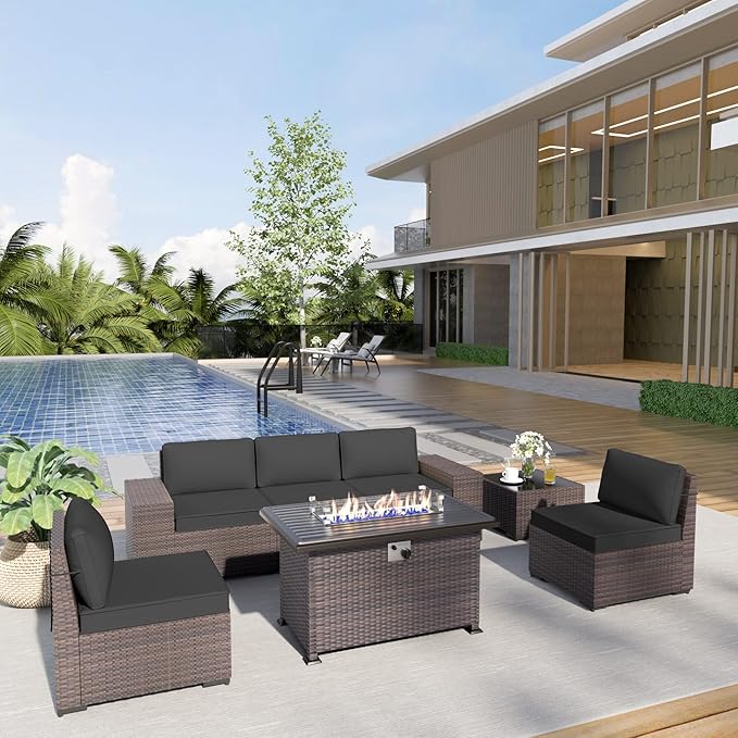 Kurapika 7 Pieces Patio Furniture Set, Rattan Outdoor Conversation Sets w/43in Propane Fire Pit Table and 4 Inch Cushion(Black)