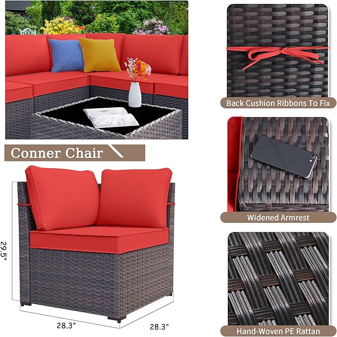 Kurapika 10 Pieces Patio Furniture Set, Rattan Wicker Outdoor Conversation Sets w/43in Propane Fire Pit Table, Swivel Rocking Chairs Patio Sectional Sofa w/4 Inch Cushion, Red