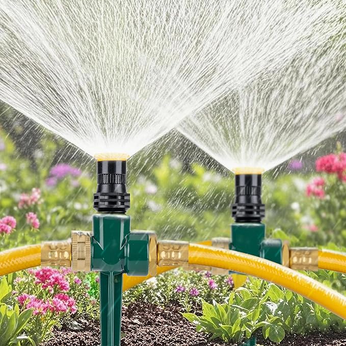 Ground Sprinkler Systemwith Metal Spike Base Irrigation Set for Garden Multi-Adjustable Lawn Sprinkler Set Ideal for Small Areas Plant and Flower Bed Watering, Two 15ft Yellow Hose Included
