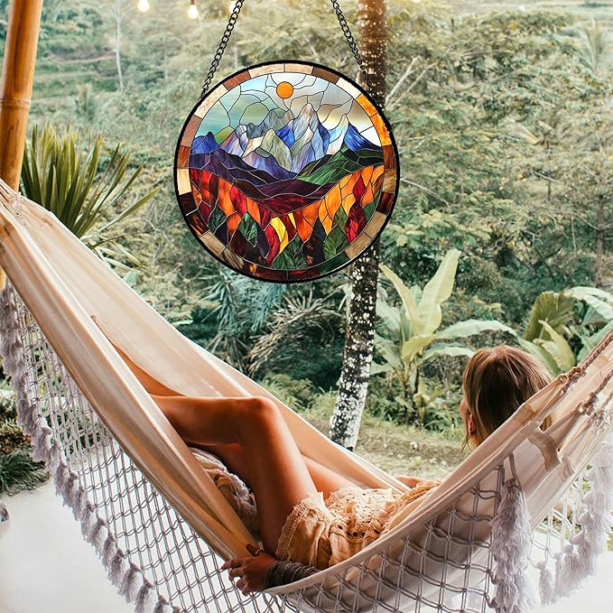 QZQCBLC Stained Glass Window Hanging Orange Sun Colorful Mountains Landscape 9.8" - Suncatcher Door Garden Sun Catcher Home Decor Birthday Christmas for Mom Men Woman Friend