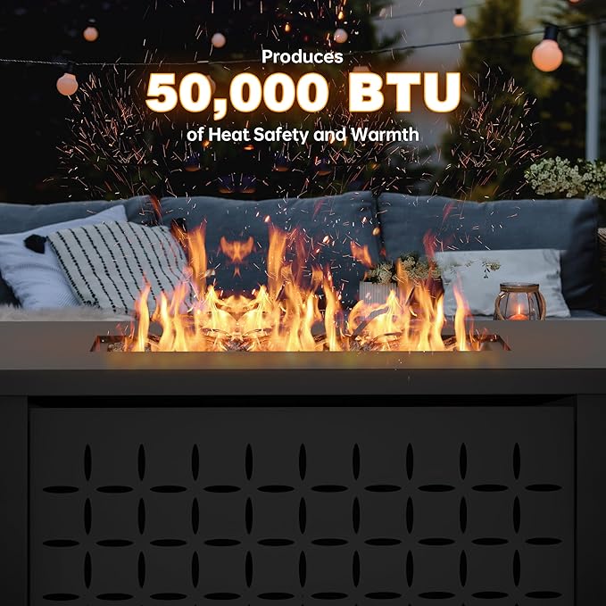 JAMFLY Propane Fire Pit Table, 43'' Gas Fire Pits Table for Outside, 2 in 1 Propane Fire Pit 50,000 BTU with Lava Rocks, Waterproof Cover and Lid