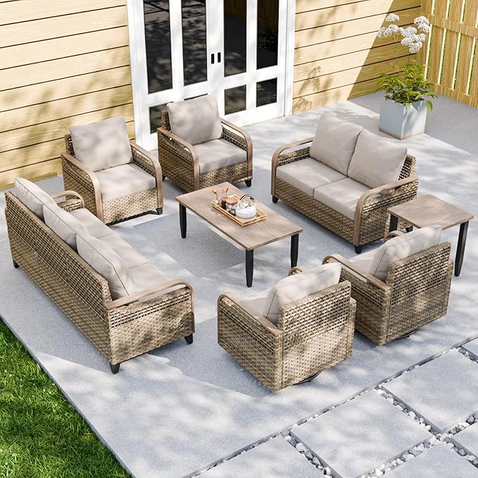EAGLE PEAK Modern Wicker Outdoor Patio Furniture Set, Patio Conversation Set, 2 Chairs, 2 Swivel Rocker Chairs, 3-Seat Sofa, Loveseat, Coffee Table and Side Table, 8 Pieces, Brown/Gray