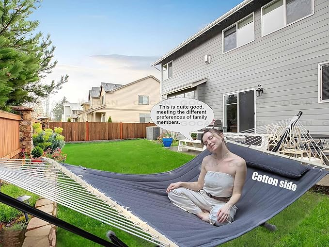 GOCAN Double Hammock with Quilted Fabric and Spreader Bars,Longer and Sturdier,Quality Hammocks for Outdoor Indoor Patio Yard