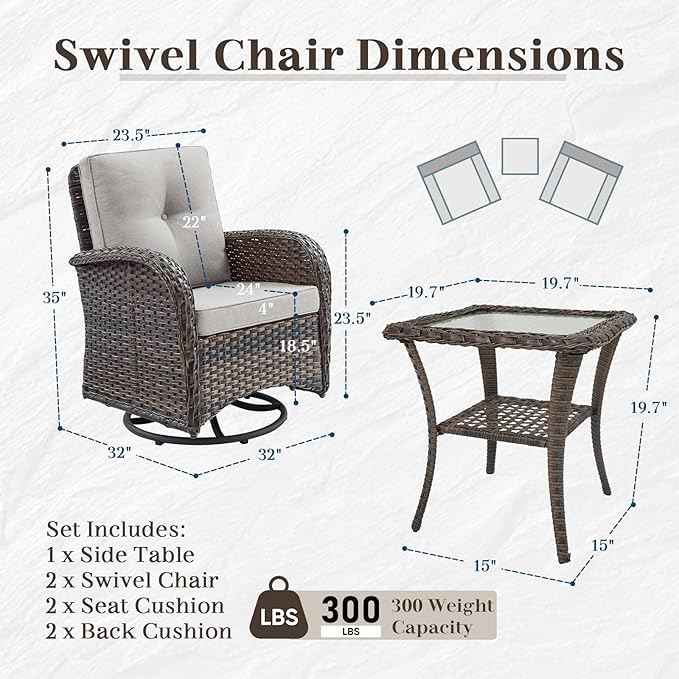 HUMMUH Outdoor Swivel Chairs,3 Pieces Patio Furniture Set with 360 Degree Wicker Swivel Rocking Chairs and Side Table for Garden,Porch,Backyard (Brown/Beige)