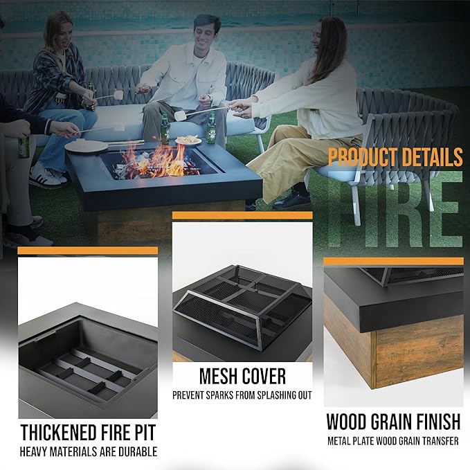 36" Firepits for Outside，Wood Burning Fire Pit with Wood-Grain Side Panels,Firepit for Outside with Mesh Cover & Fire Poker,Square Modern Outdoor Fireplace Fire Table.