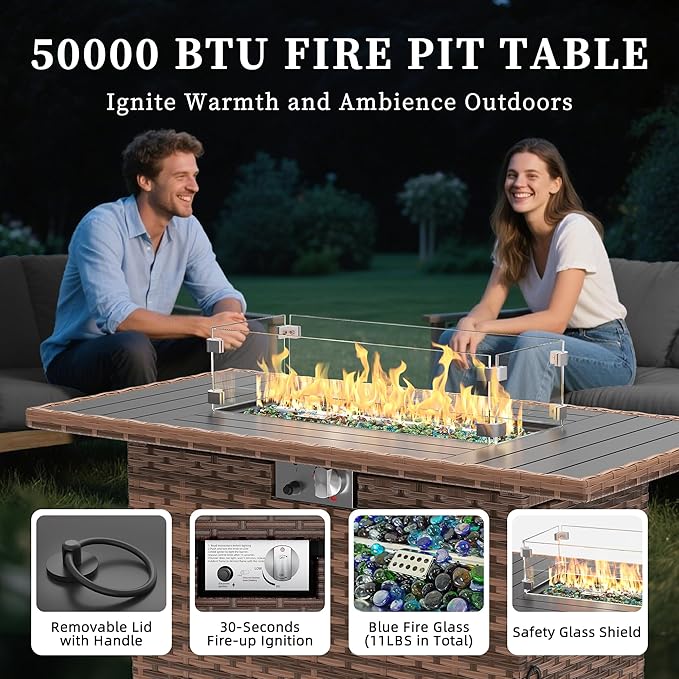 UDPATIO Patio Furniture Set with Fire Pit Table, Rocking Swivel Chairs, 6 Pieces Outdoor Conversation Sets, All-Weather Wicker Outdoor Sectional Sofa with Waterproof Cover, 4'' Thickened Cushion, Grey