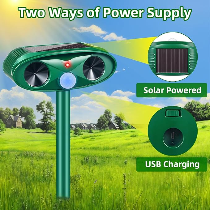 2026 Upgraded Solar Ultrasonic Animal Repellent Outdoor, Deer Repellent Devices & Cat Deterrent with Motion Sensor, Waterproof Solar Animal Repeller for Squirrel Dog Raccoon Rabbit for Yard Garden