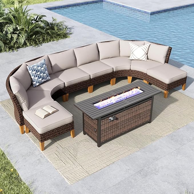 MFSTUDIO 9 Pieces Wicker Patio Furniture Set with 56" Fire Pit Table, Rattan Half-Moon Patio Conversation Set Outdoor Sectional Sofa Set, 4 x Curved Sofa, 2 x Armless Sofa, 2 x Ottoman(Beige Cushion)