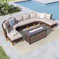 MFSTUDIO 9 Pieces Wicker Patio Furniture Set with 56" Fire Pit Table, Rattan Half-Moon Patio Conversation Set Outdoor Sectional Sofa Set, 4 x Curved Sofa, 2 x Armless Sofa, 2 x Ottoman(Beige Cushion)