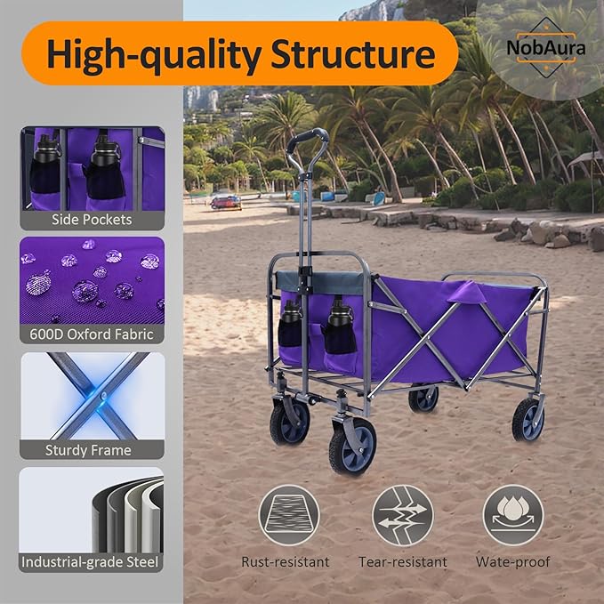 150 LBS Collapsible Wagon Cart, Large Capacity Utility Cart with All-Terrain Wheels, for Camping, Garden, Shopping and More, Purple