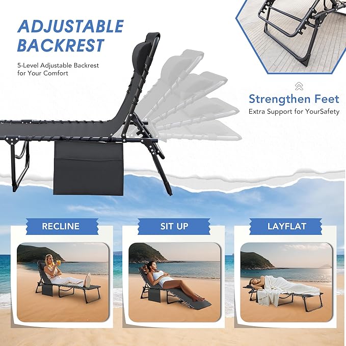 Flamaker Foldable Chaise Lounge Chair 5-Position Adjustable, Tanning Chair with Side Pocket, Outdoor Sunbathing for Pool, Beach, Patio, Lawn, Indoor Recliner Chair for Napping(Grey, 1 Pcs)
