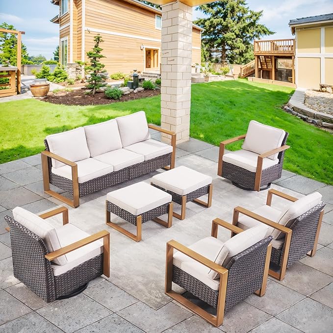 Belord Modern Outdoor Patio Furniture 7 - Person Outdoor Swivel Glider Seating Group, Backyard Wicker Furniture Set with Aluminum Armrests, Brown Wicker Beige Cushion
