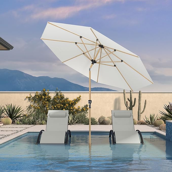 PURPLE LEAF 9 Feet Patio Umbrella with Base Market Umbrella Round Outdoor Umbrella with Push Button Tilt & Crank and 8 Ribs Aluminum Outdoor Table Umbrella for Garden Deck Balcony, Cream
