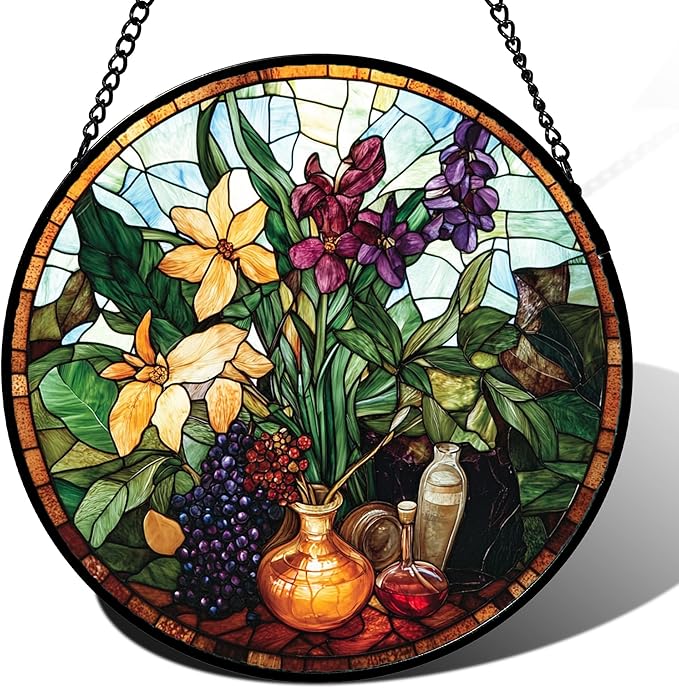 QZQCBLC Stained Glass Window Hanging Berry Plant Purple Yellow Flowers in Vase 9.8" - Suncatcher Door Garden Sun Catcher Home Decor Birthday Christmas for Mom Men Woman Nana
