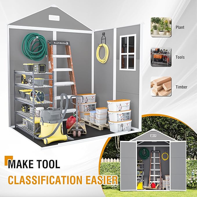 Outdoor Storage Shed 6x5 FT, Resin Shed with Floor & Window, Lockable Door, Vents, Outside Sheds & Garden Shed for Patio Furniture, Gardening Tools, Pool Equipment (Grey, 6 * 5ft)