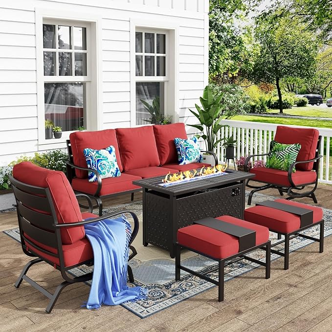 MFSTUDIO 6 Pieces Patio Furniture Sets with 45" Gas Fire Pit Table(Up to 7 Seat), Outdoor Metal Frame Patio Conversation Sofas with 1 x 3-Seat Sofa, 2 Rocking Chairs and 2 Ottoman, Burgundy Cushion
