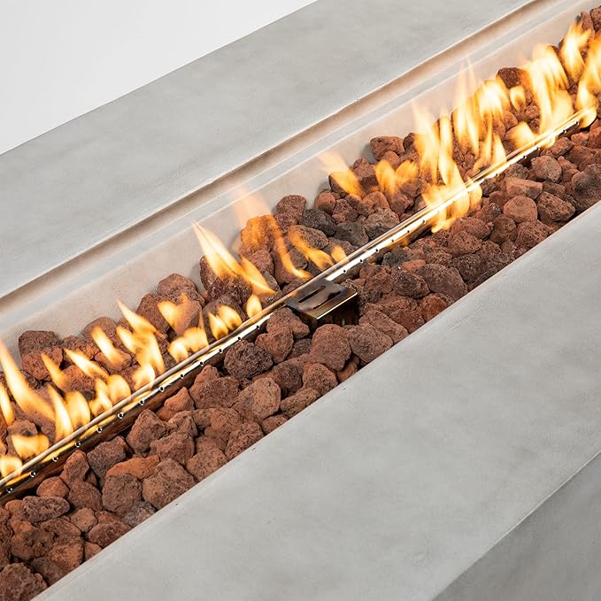 70 Inch Propane Fire Pit Table, Concrete Firepits for Outside, Rectangular Gas Fire Pit for Outside Patio, Backyard, Pool, 60,000 BTU, Free Lava Rocks, Light Gray