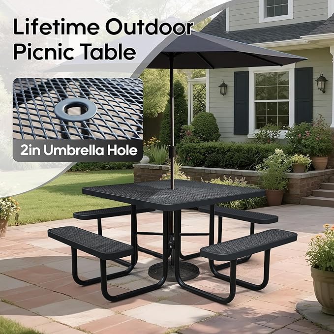 8-Person Outdoor Picnic Tables,46" Heavy-Duty Metal Square Picnic Table,Expanded Metal Commercial-Grade Table with 4 Benches & Umbrella Hole,Waterproof Coating Beach Table for Patio,Garden, Backyard
