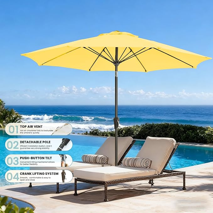 9FT Large Outdoor Patio Umbrella Market Table Umbrella-UV Resistant, Easy Push Button Tilt and Crank, 8 Sturdy Ribs Heavy-Duty Pool Umbrella for Deck, Backyard,Garden,Yellow