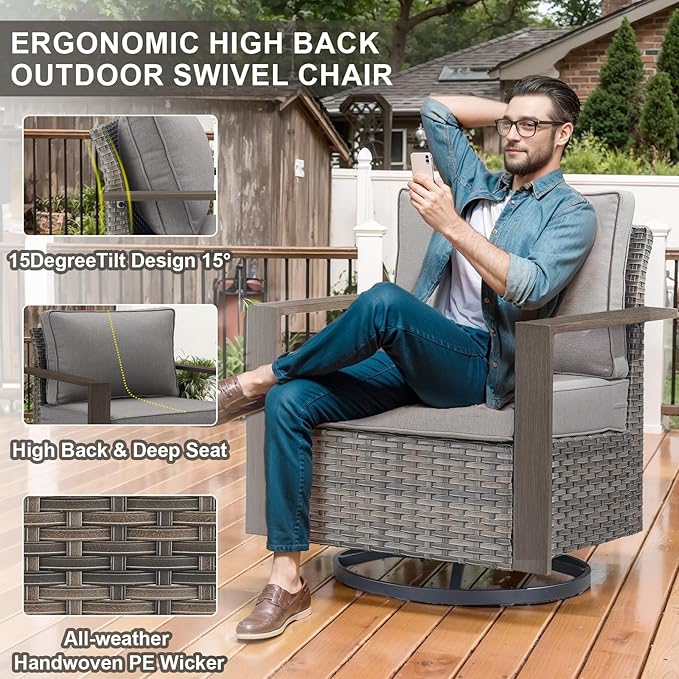 Belord Full 4 Pieces Patio Furniture Set with 41” Propane Fire Pit Table, Outdoor Conversation Set with Swivel Glider Outdoor Chair Set of 2 and Rattan Sofa for Deck Backyard