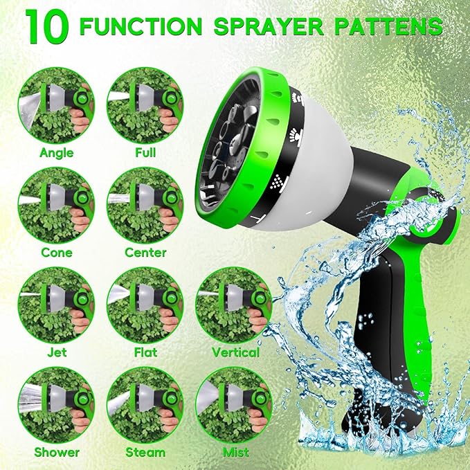 Garden Hose 25 FT, NON-EXPANDABLE Heavy-Duty Flexible & Lightweight Water Hose with 10-Function Nozzle, No-Kink Design, Leak-Proof Super Fabric, Solid Fittings for Lawn, Car, RV, Outdoor