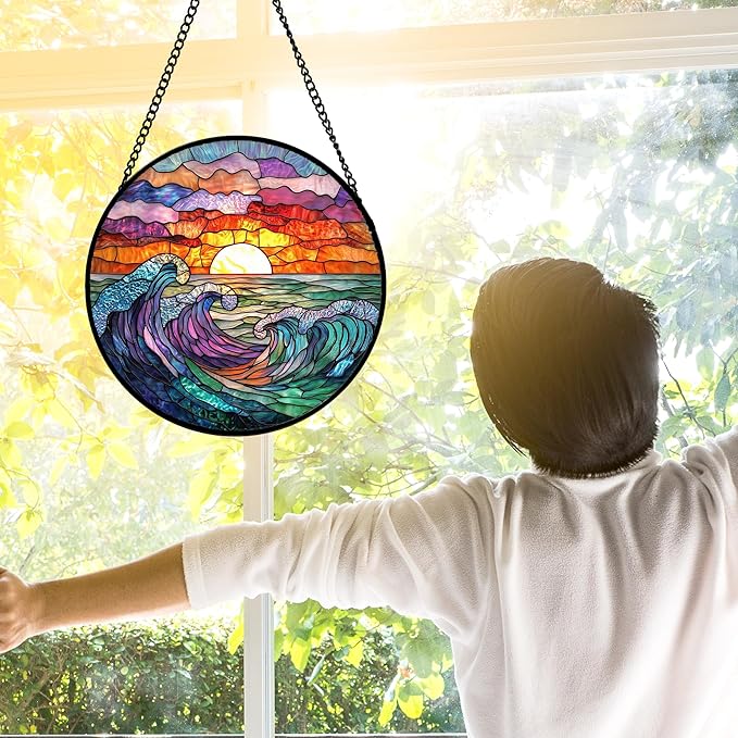 DASTOLL Stained Glass Window Hanging, Clouds and Sea Waves Suncatcher Diamond Glass Panel Hangings Scenery Sun Catchers Decor for Birthday for Women, Men, Wife, Aunt, and Mom 6.3 in