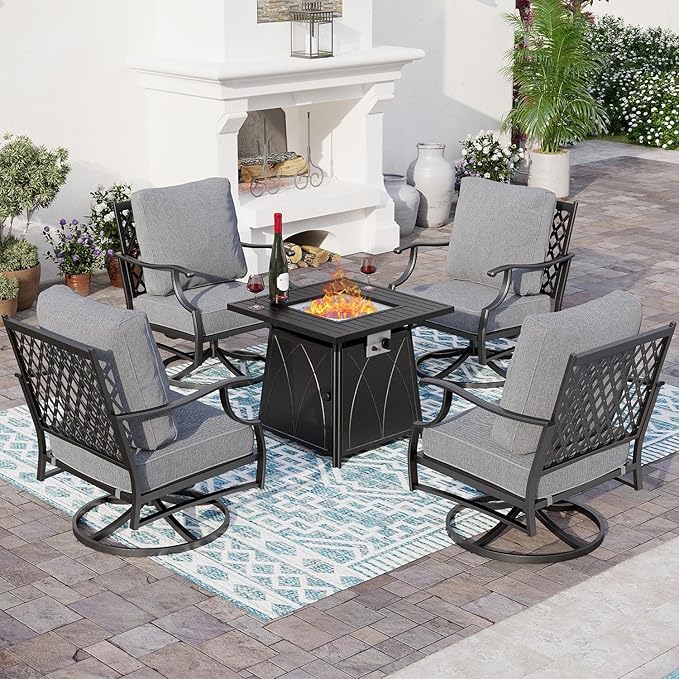 SUNSHINE VALLEY 5 Piece Metal Outdoor Patio Furniture Set with Fire Pit Table, Patio Conversation Sets 4 Swivel Chairs with 5.75" Thick Cushion and 5000 BTU Fire Pit Table, Backyard Furniture, Gray